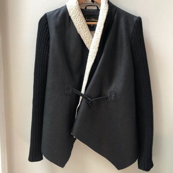 Sam Edelman Sherpa Lined Black Sweater wrap coat w Faux Leather/Shearling size S - Picture 2 of 11